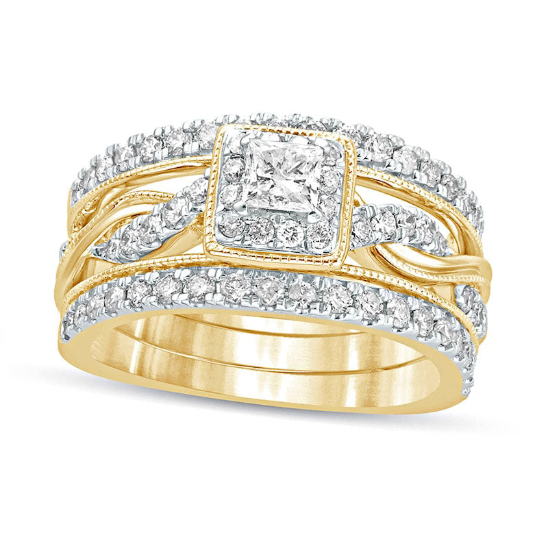 Image of ID 1 10 CT TW Princess-Cut Natural Diamond Frame Twist Shank Antique Vintage-Style Bridal Engagement Ring Set in Solid 14K Gold