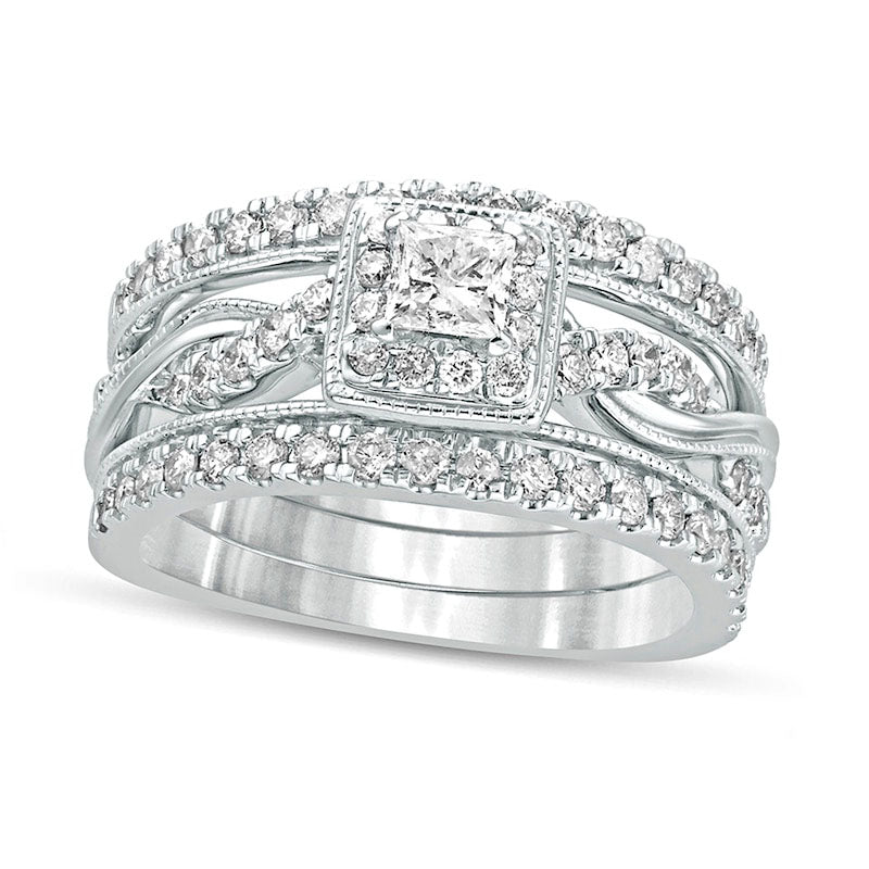 Image of ID 1 10 CT TW Princess-Cut Natural Diamond Frame Twist Shank Antique Vintage-Style Bridal Engagement Ring Set in Solid 14K White Gold