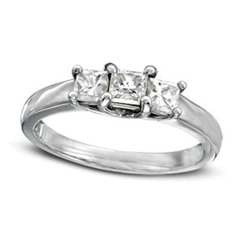 Image of ID 1 10 CT TW Princess-Cut Natural Diamond Three Stone Engagement Ring in Solid 14K White Gold (I/SI2)