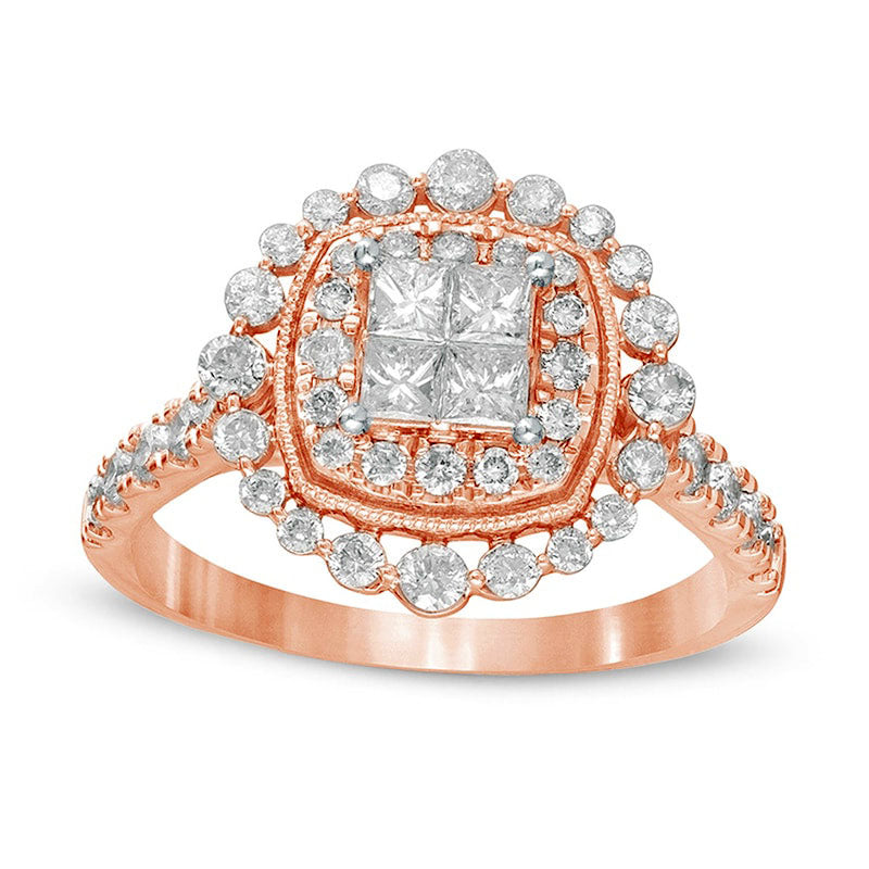 Image of ID 1 10 CT TW Princess-Cut Quad Natural Diamond Cushion Frame Antique Vintage-Style Engagement Ring in Solid 14K Rose Gold