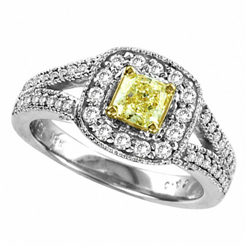 Image of ID 1 10 CT TW Radiant-Cut Natural Fancy Yellow and White Natural Diamond Split Shank Framed Ring in Solid 18K White Gold (SI2)