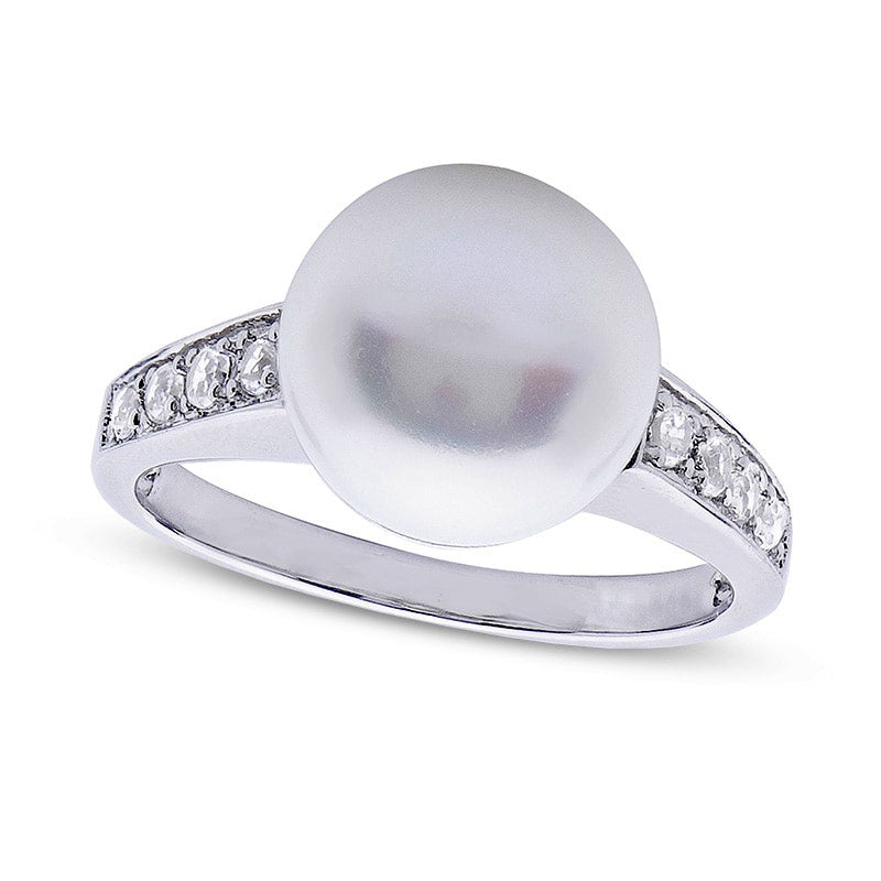 Image of ID 1 100 - 105mm Button Cultured Freshwater Pearl and White Topaz Ring in Sterling Silver