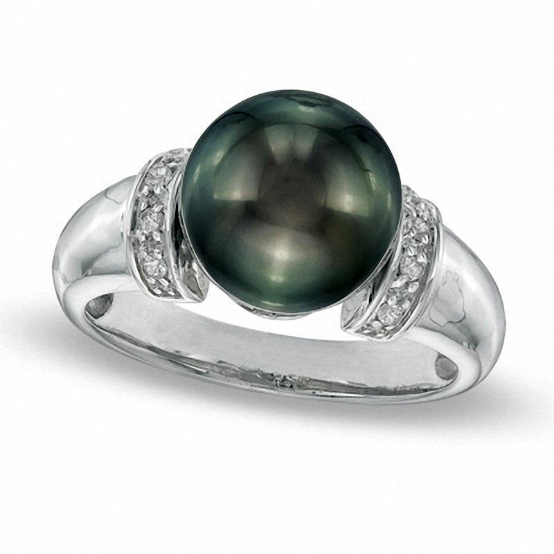 Image of ID 1 100 - 110mm Button Black Cultured Tahitian Pearl Collar Ring in Sterling Silver with White Topaz Accents