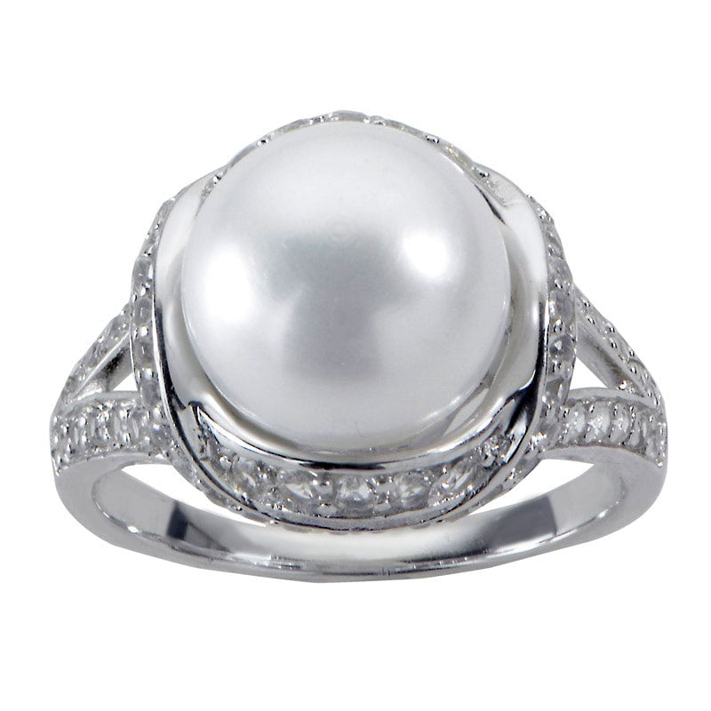 Image of ID 1 100 - 110mm Cultured Freshwater Pearl and White Topaz Split Shank Ring in Sterling Silver