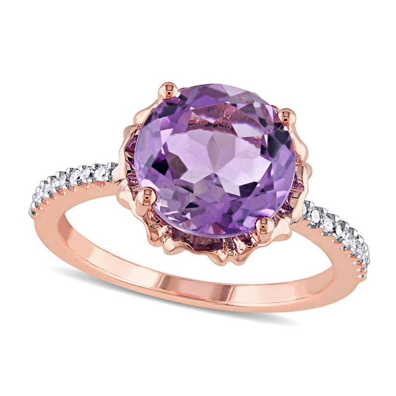 Image of ID 1 100mm Amethyst and 010 CT TW Natural Diamond Heart Cutout Frame Ring in Solid 10K Rose Gold