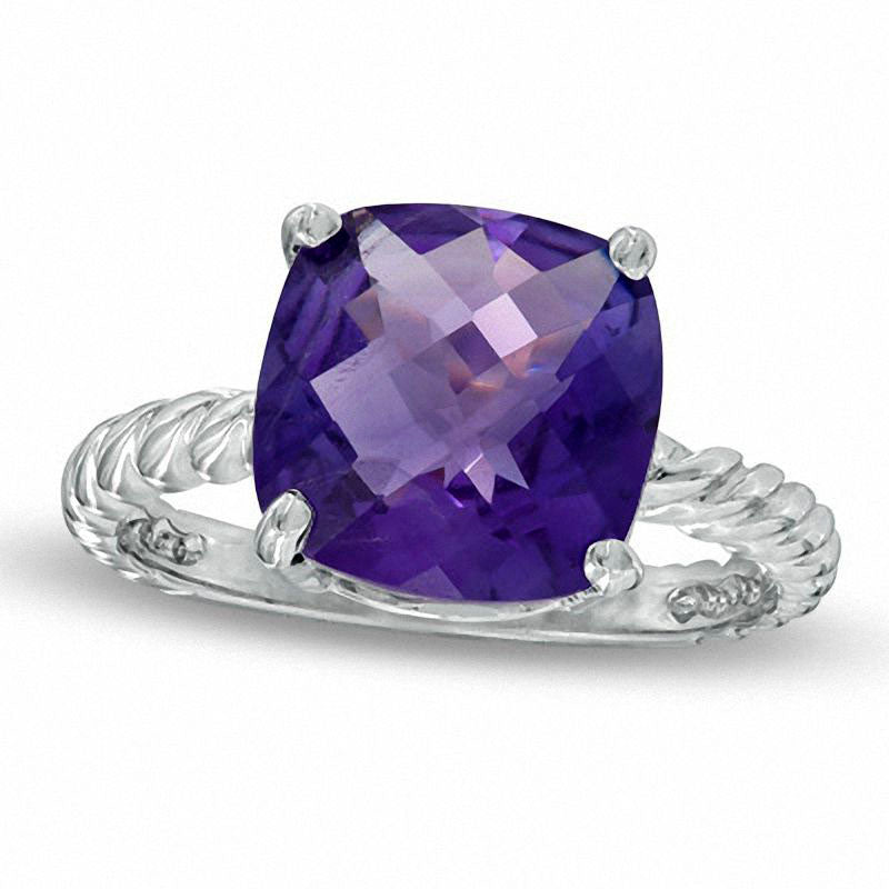 Image of ID 1 100mm Cushion-Cut Amethyst Twisted Band Ring in Solid 10K White Gold