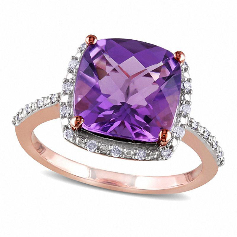 Image of ID 1 100mm Cushion-Cut Amethyst and 010 CT TW Natural Diamond Frame Ring in Solid 10K Rose Gold