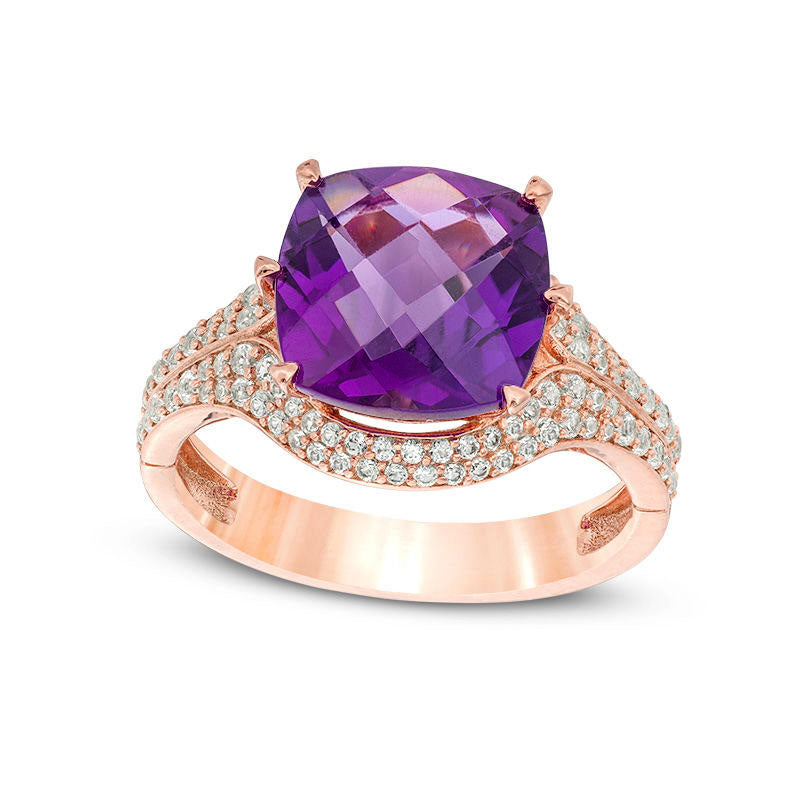 Image of ID 1 100mm Cushion-Cut Amethyst and 038 CT TW Natural Diamond Ring in Solid 10K Rose Gold