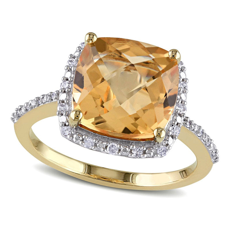 Image of ID 1 100mm Cushion-Cut Citrine and 010 CT TW Natural Diamond Frame Ring in Solid 10K Yellow Gold
