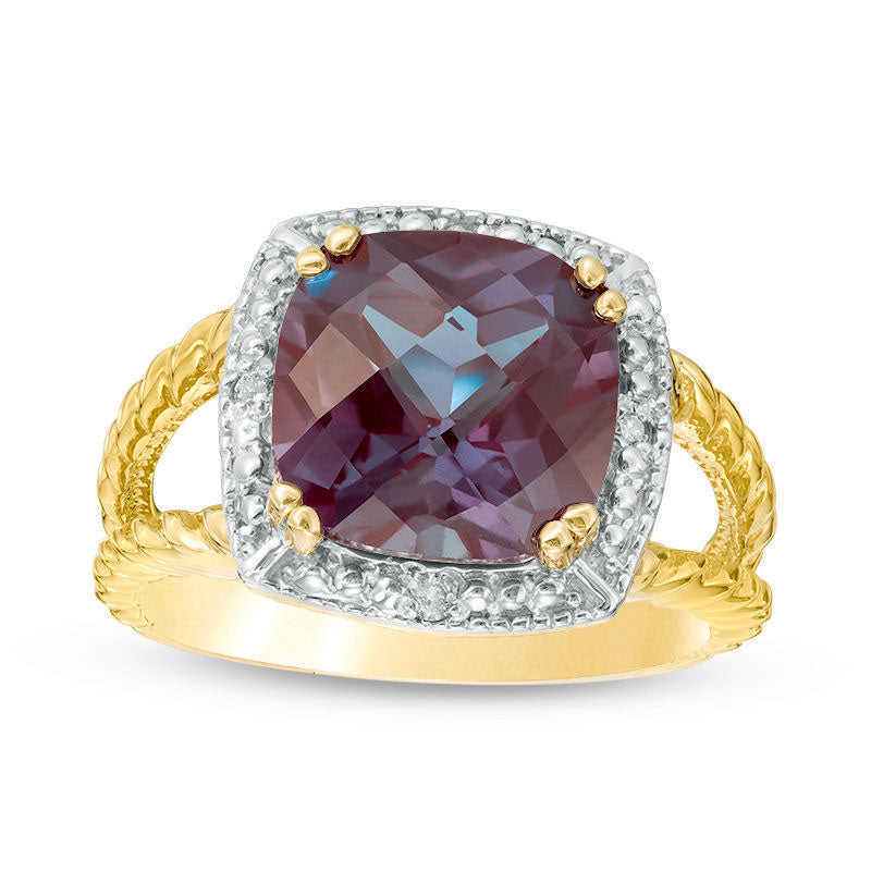 Image of ID 1 100mm Cushion-Cut Lab-Created Alexandrite and Diamond Accent Frame Split Shank Rope Ring in Solid 10K Yellow Gold