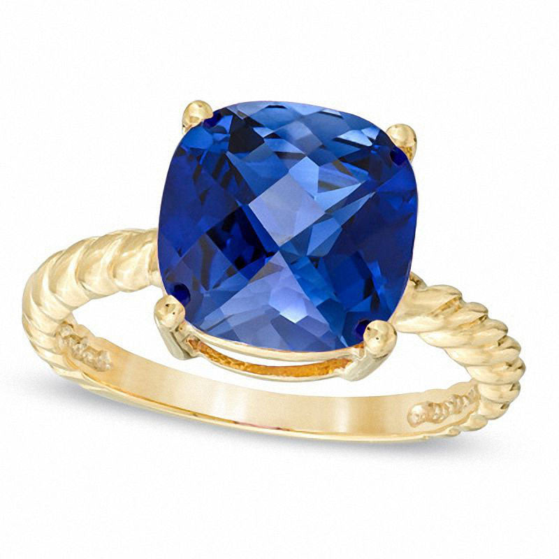 Image of ID 1 100mm Cushion-Cut Lab-Created Blue Sapphire Ring in Solid 10K Yellow Gold