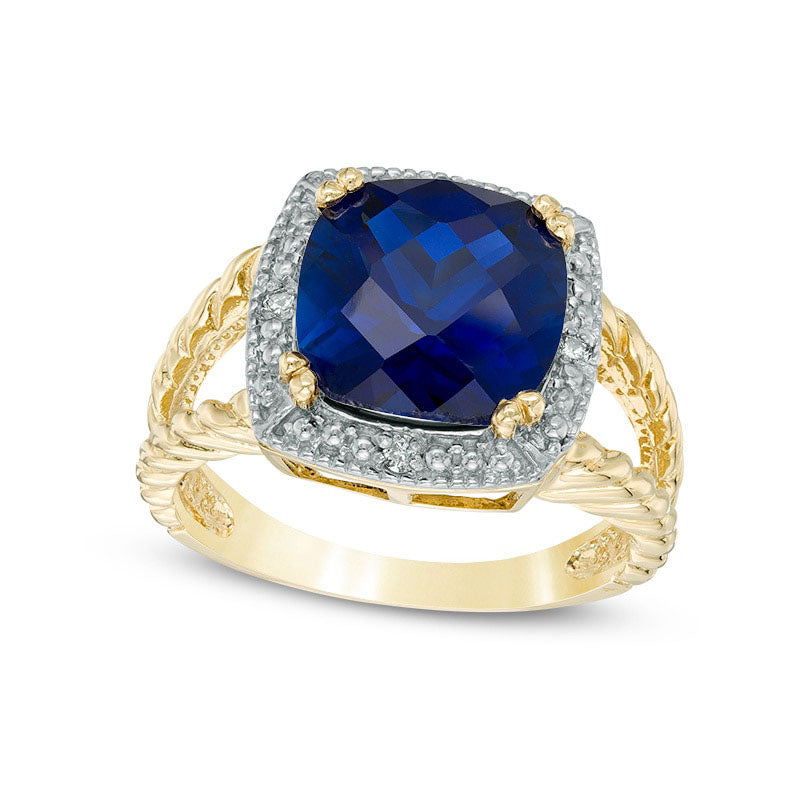 Image of ID 1 100mm Cushion-Cut Lab-Created Blue Sapphire and Diamond Accent Frame Split Shank Ring in Solid 10K Yellow Gold