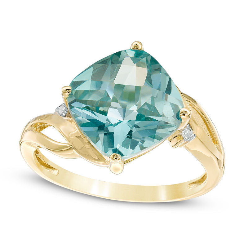 Image of ID 1 100mm Cushion-Cut Lab-Created Green Paraiba Tourmaline and Diamond Accent Ring in Solid 10K Yellow Gold