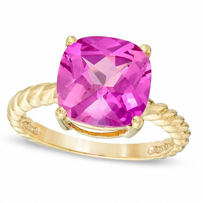 Image of ID 1 100mm Cushion-Cut Lab-Created Pink Sapphire Ring in Solid 10K Yellow Gold