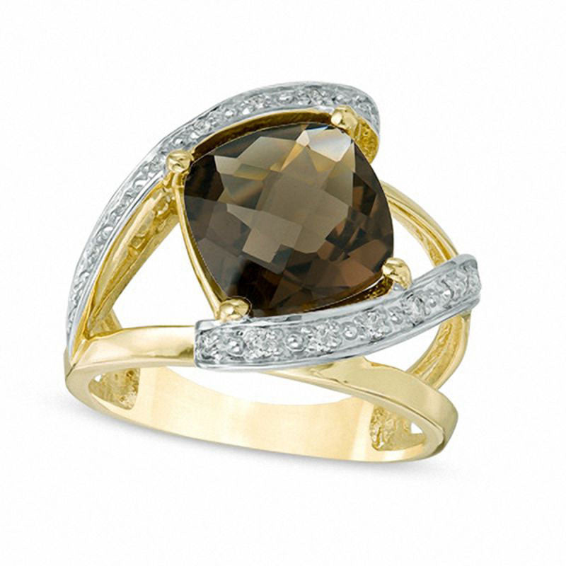 Image of ID 1 100mm Cushion-Cut Smoky Quartz and 017 CT TW Natural Diamond Bypass Split Shank Ring in Solid 10K Yellow Gold