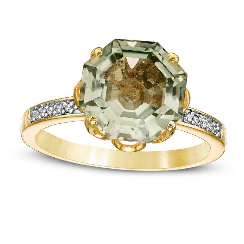 Image of ID 1 100mm Octagonal Green Quartz and 010 CT TW Natural Diamond Flower Ring in Solid 10K Yellow Gold