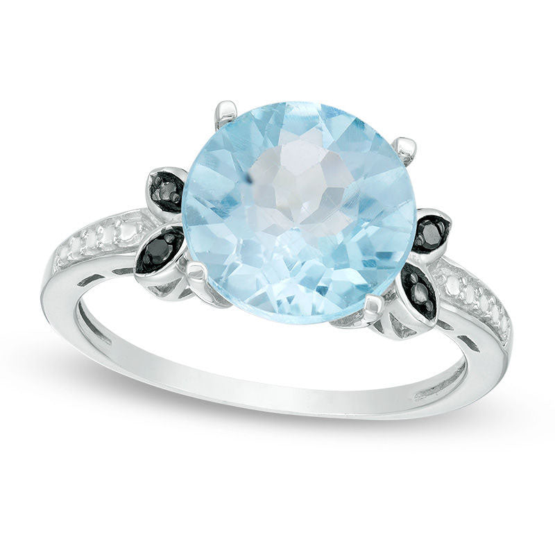 Image of ID 1 100mm Sky Blue Topaz and Enhanced Black Natural Diamond Accent Leaf Beaded Shank Ring in Sterling Silver