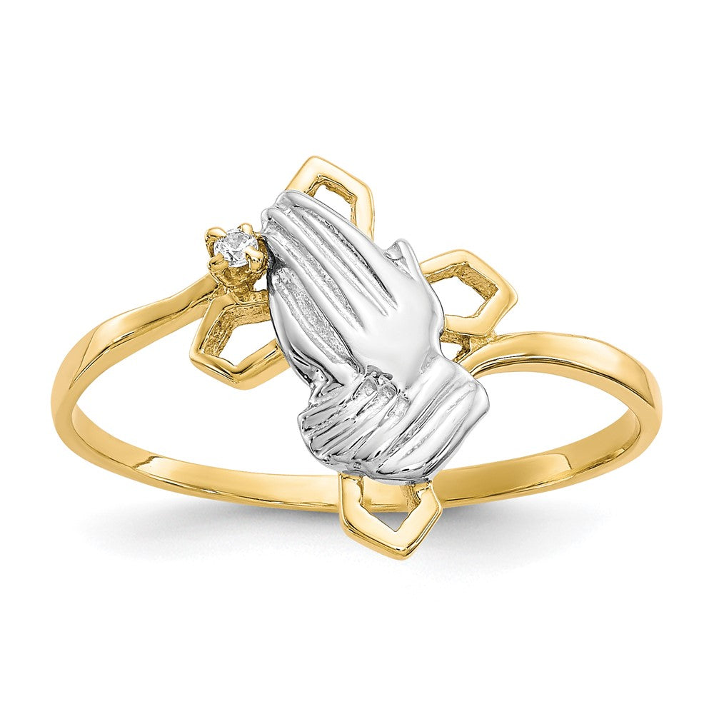 Image of ID 1 10K Yellow Gold & Rhodium Praying Hands CZ w/Cross Ring