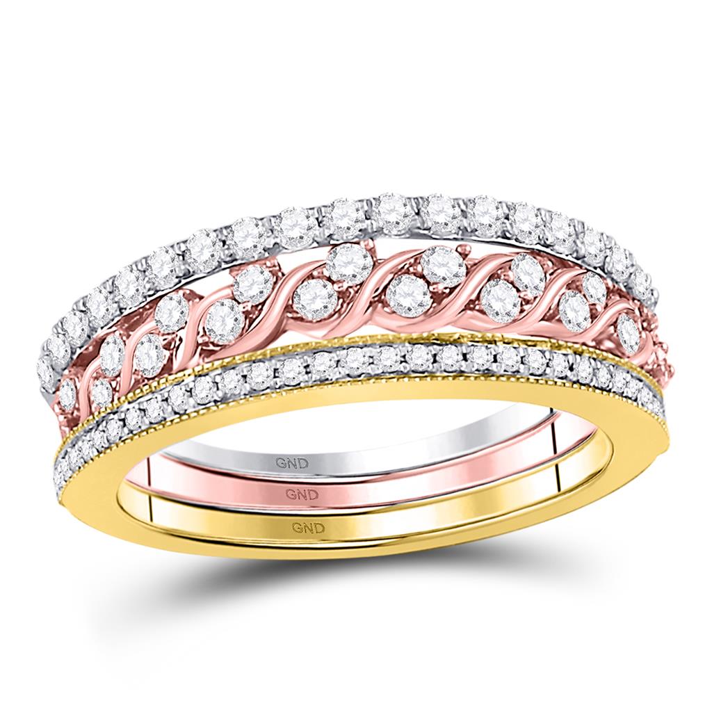 Image of ID 1 10k Tri-Tone Gold Round Diamond Trio Stackable Band Ring Set 3/4 Cttw