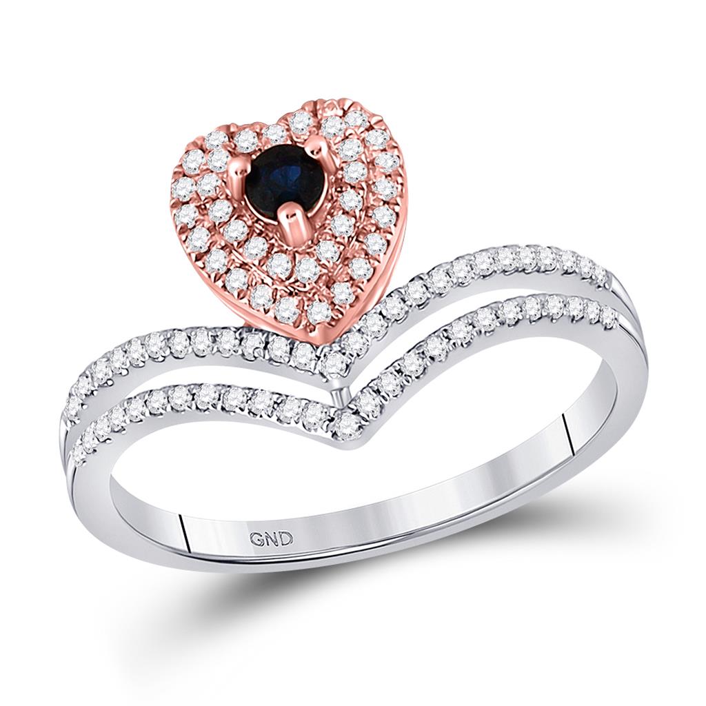 Image of ID 1 10k Two-tone Gold Round Blue Sapphire Heart Ring 3/8 Cttw