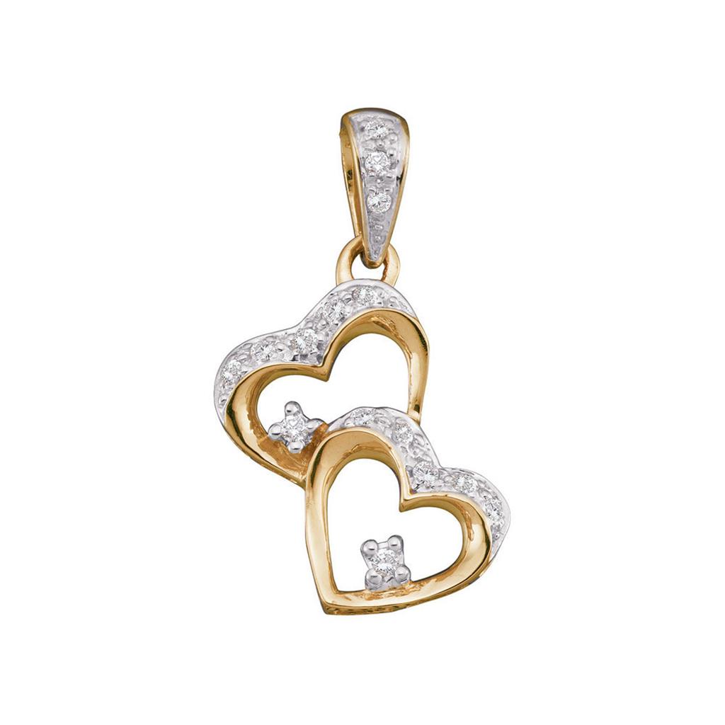 Image of ID 1 10k Two-tone Gold Round Diamond Double Heart Dangle Pendant 1/6 Cttw