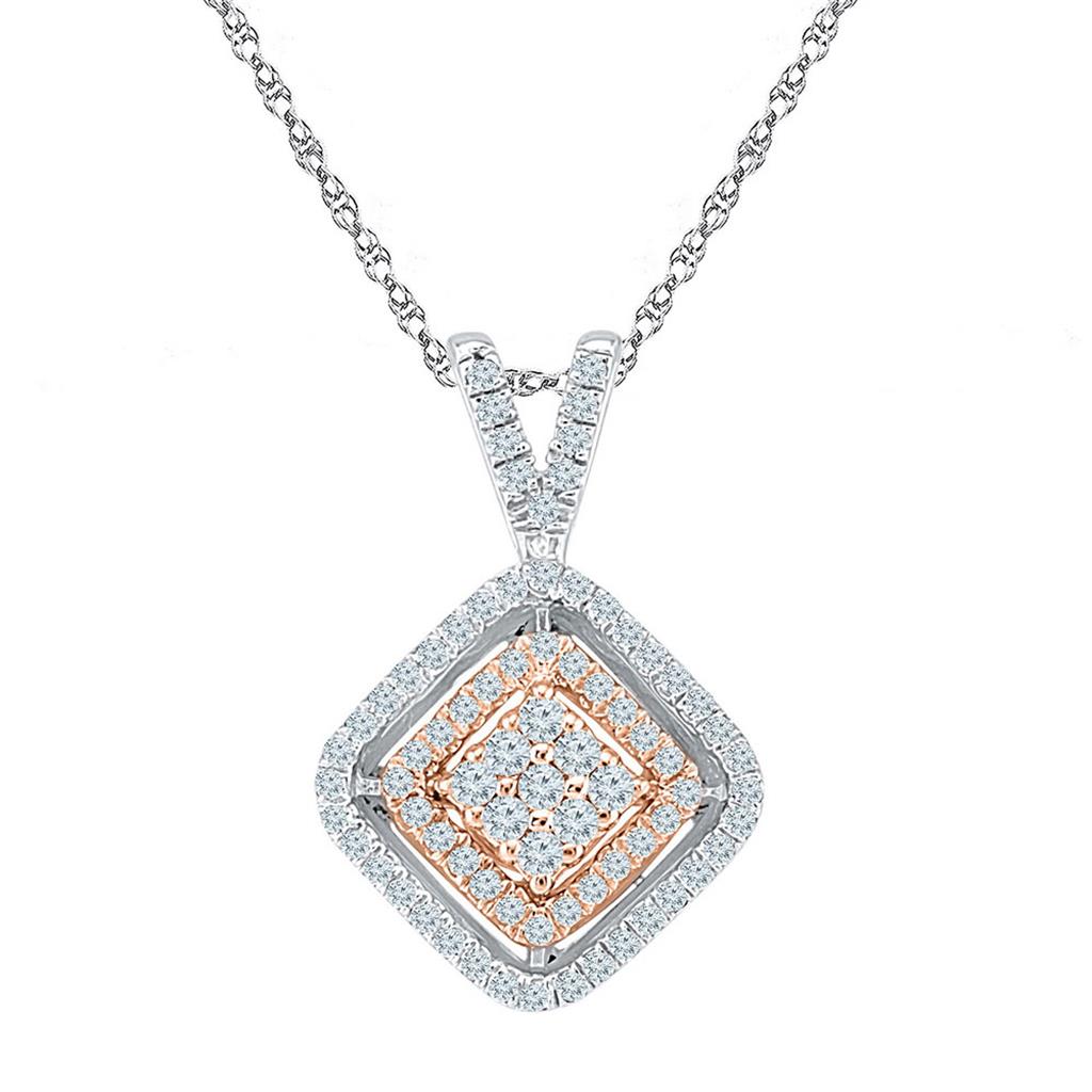 Image of ID 1 10k Two-tone Gold Round Diamond Offset Square Pendant 1/4 Cttw