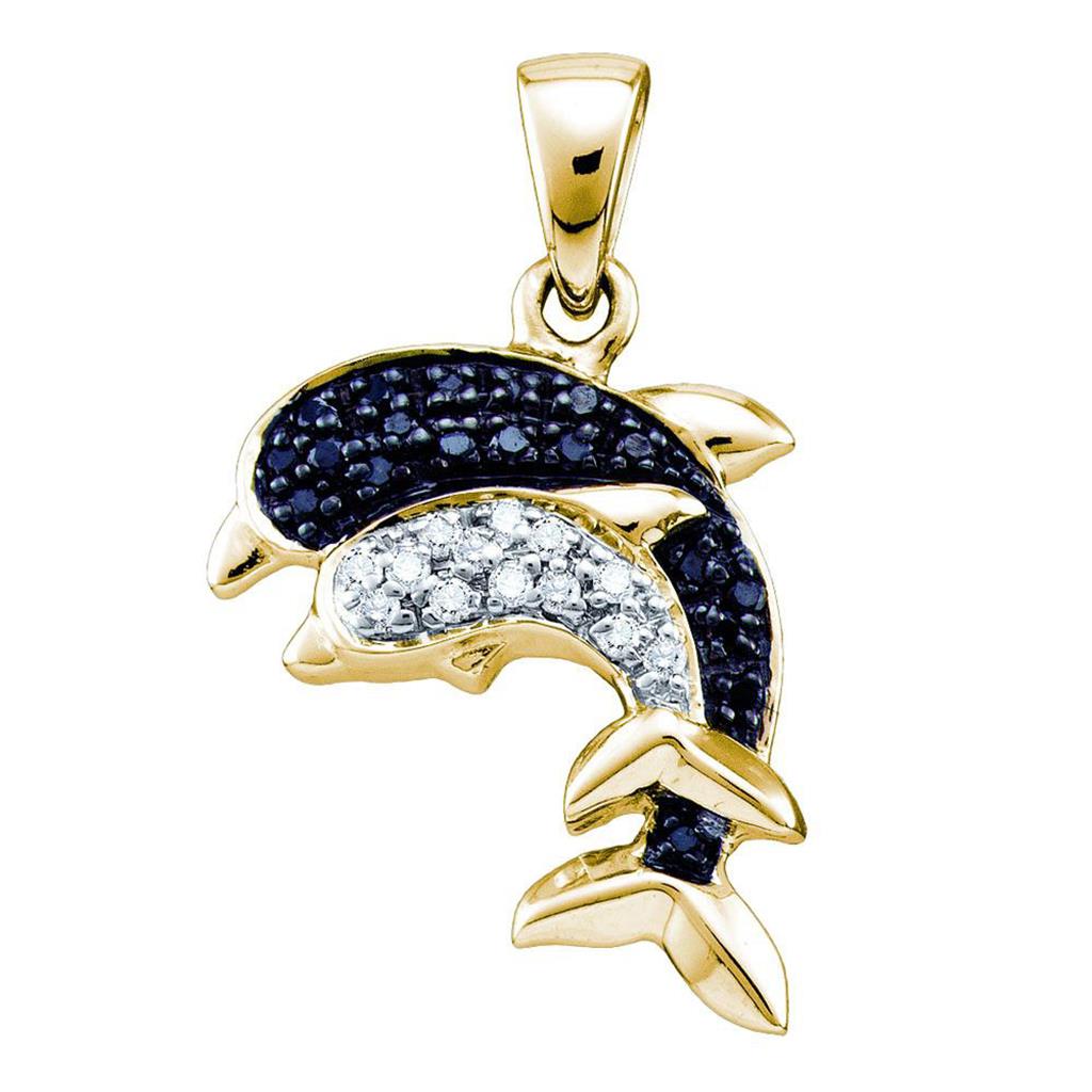 Image of ID 1 10k Yellow Gold Black Diamond Dolphin Nautical Animal Pendant 1/10 Cttw