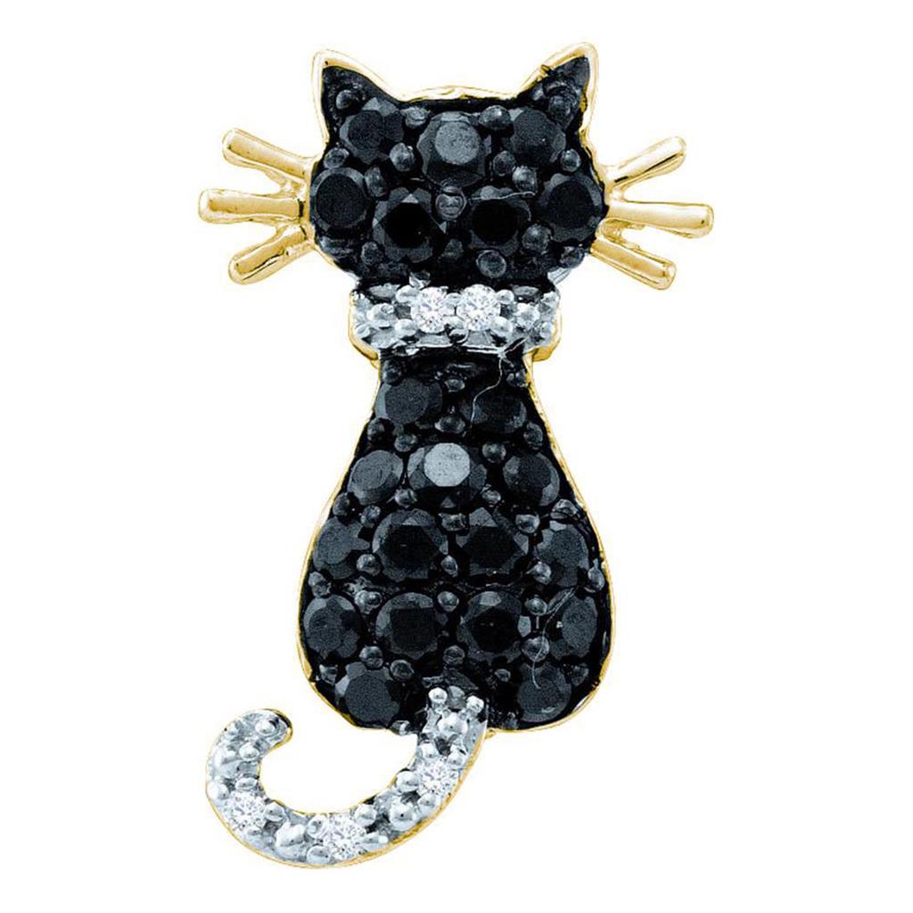 Image of ID 1 10k Yellow Gold Black Diamond Kitty Cat Feline Pendant 1/3 Cttw
