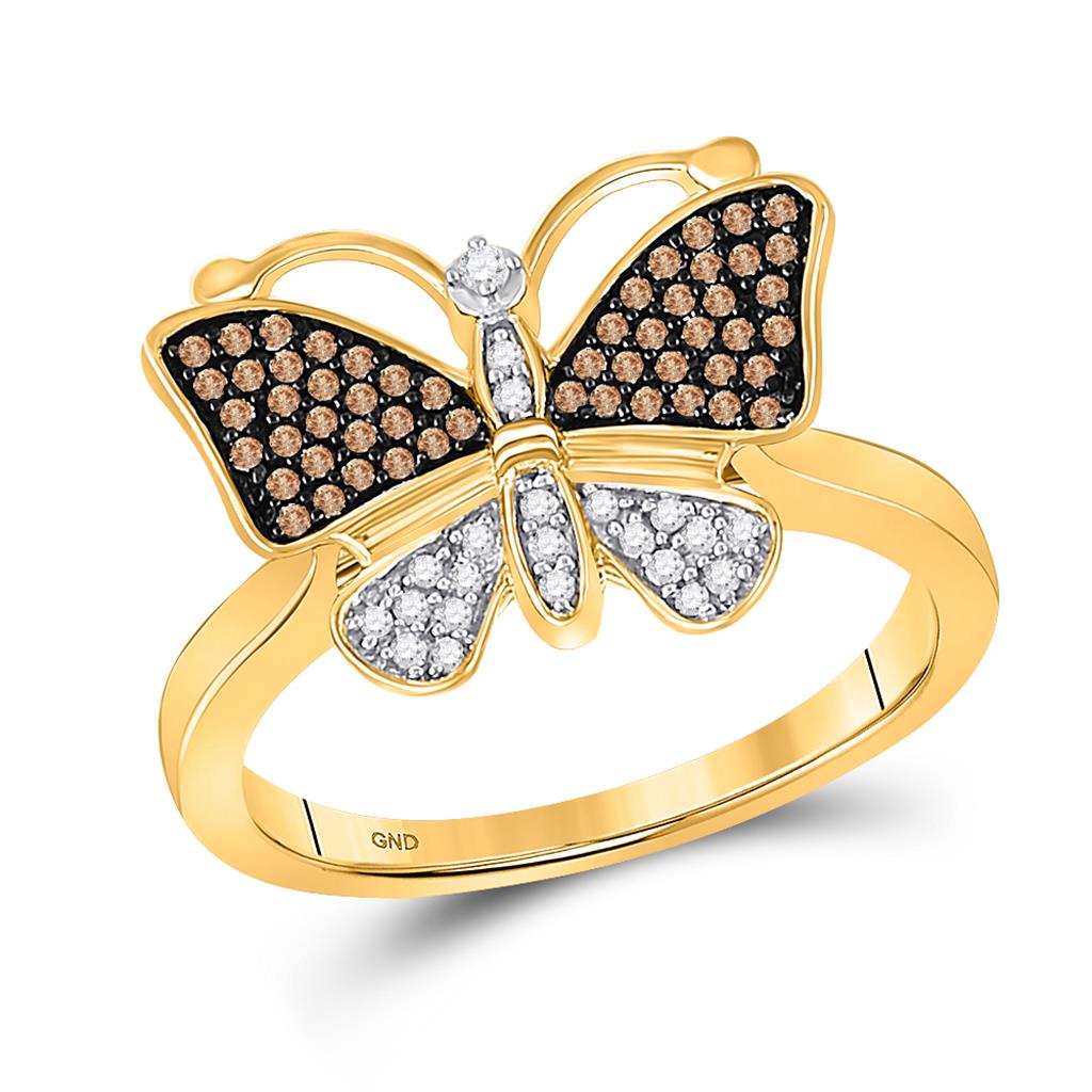 Image of ID 1 10k Yellow Gold Brown Diamond Butterfly Bug Ring 1/5 Cttw