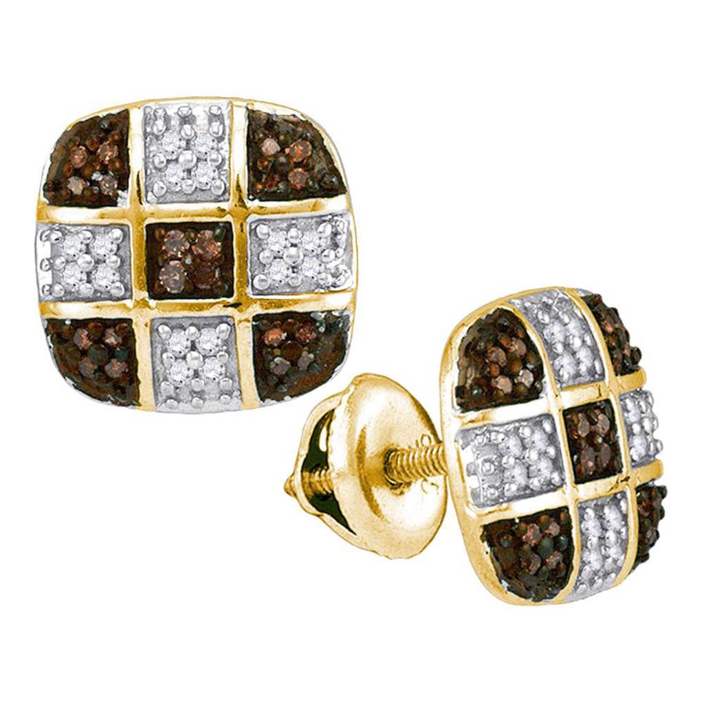 Image of ID 1 10k Yellow Gold Brown Diamond Checkered Square Earrings 1/4 Cttw
