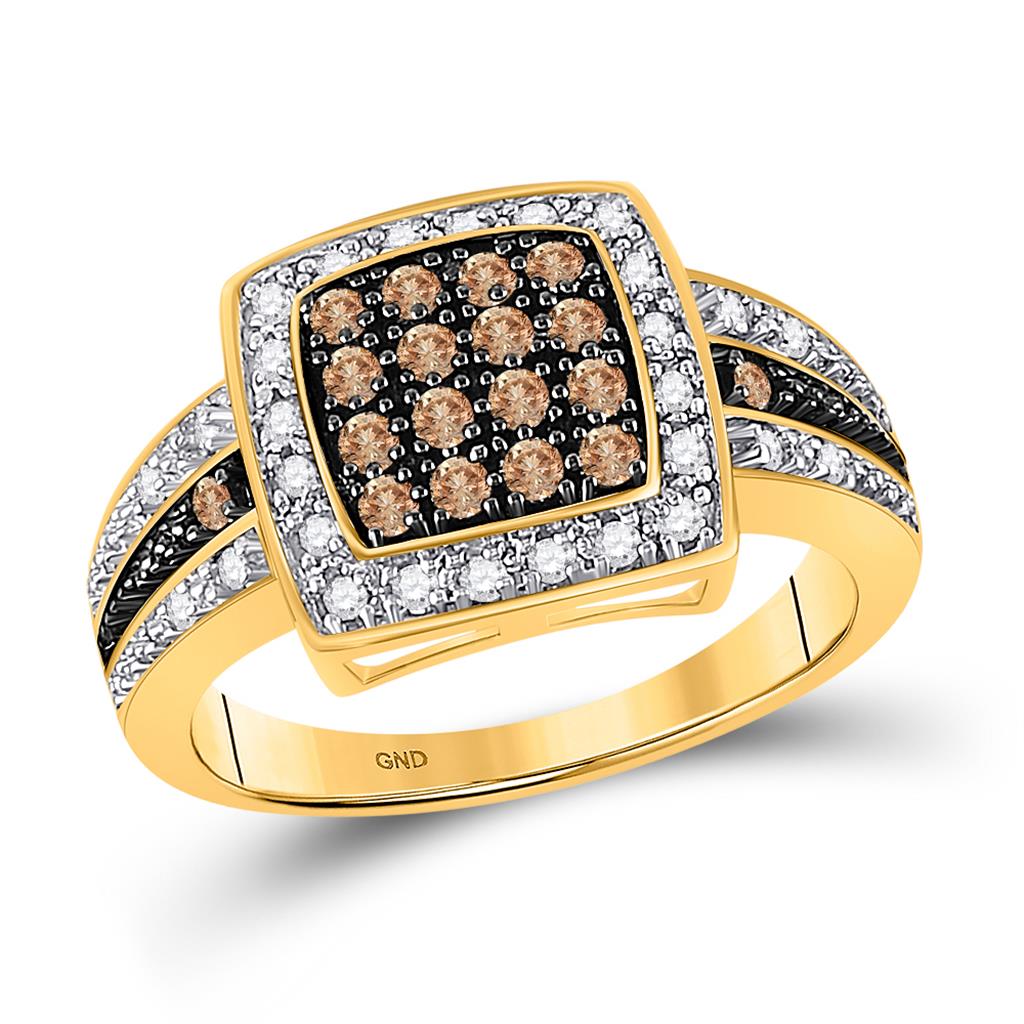 Image of ID 1 10k Yellow Gold Brown Diamond Cluster Square-shape Cocktail Ring 1/2 Cttw