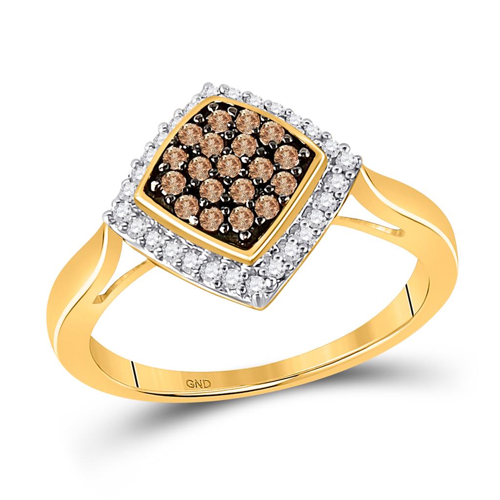 Image of ID 1 10k Yellow Gold Brown Diamond Diagonal Square Cluster Ring 1/3 Cttw