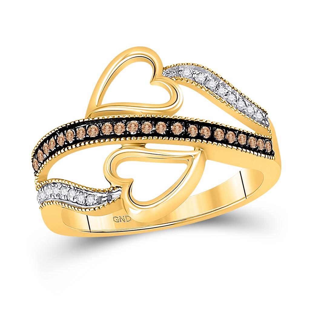 Image of ID 1 10k Yellow Gold Brown Diamond Heart Crossover Ring 1/5 Cttw