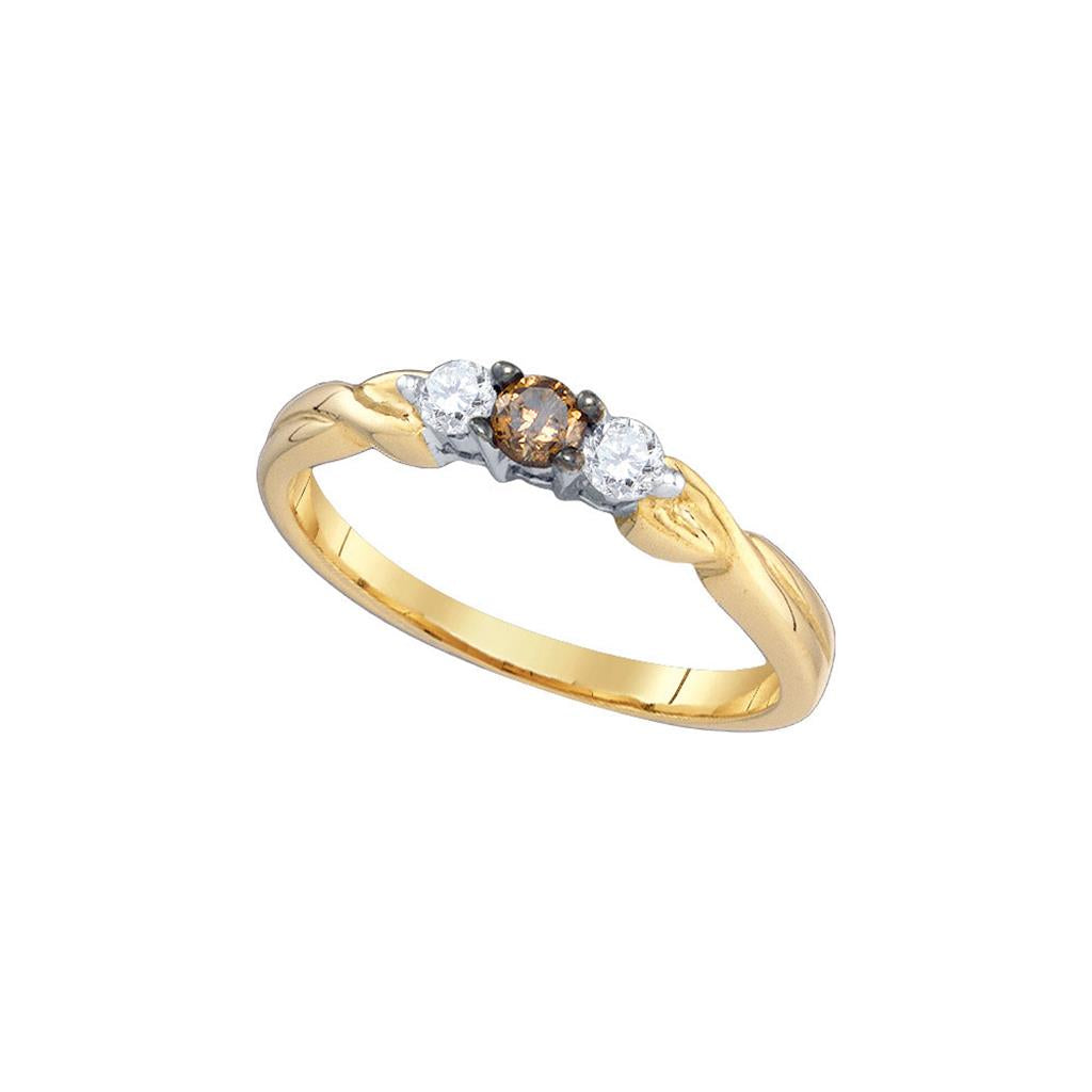Image of ID 1 10k Yellow Gold Brown Round 3-Stone Diamond Band Ring 1/4 Cttw
