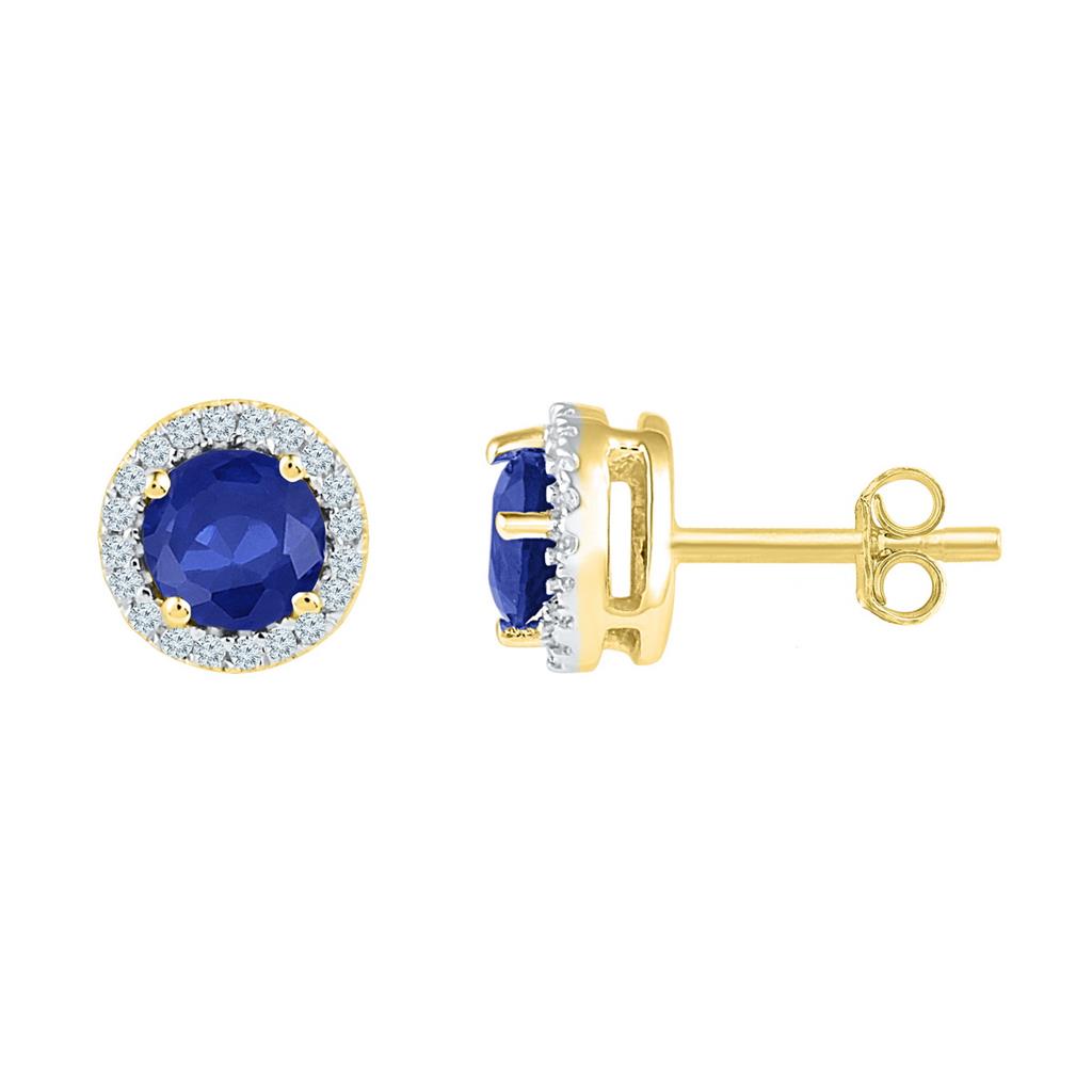 Image of ID 1 10k Yellow Gold Created Blue Sapphire Diamond Stud Earrings 1-1/2 Cttw
