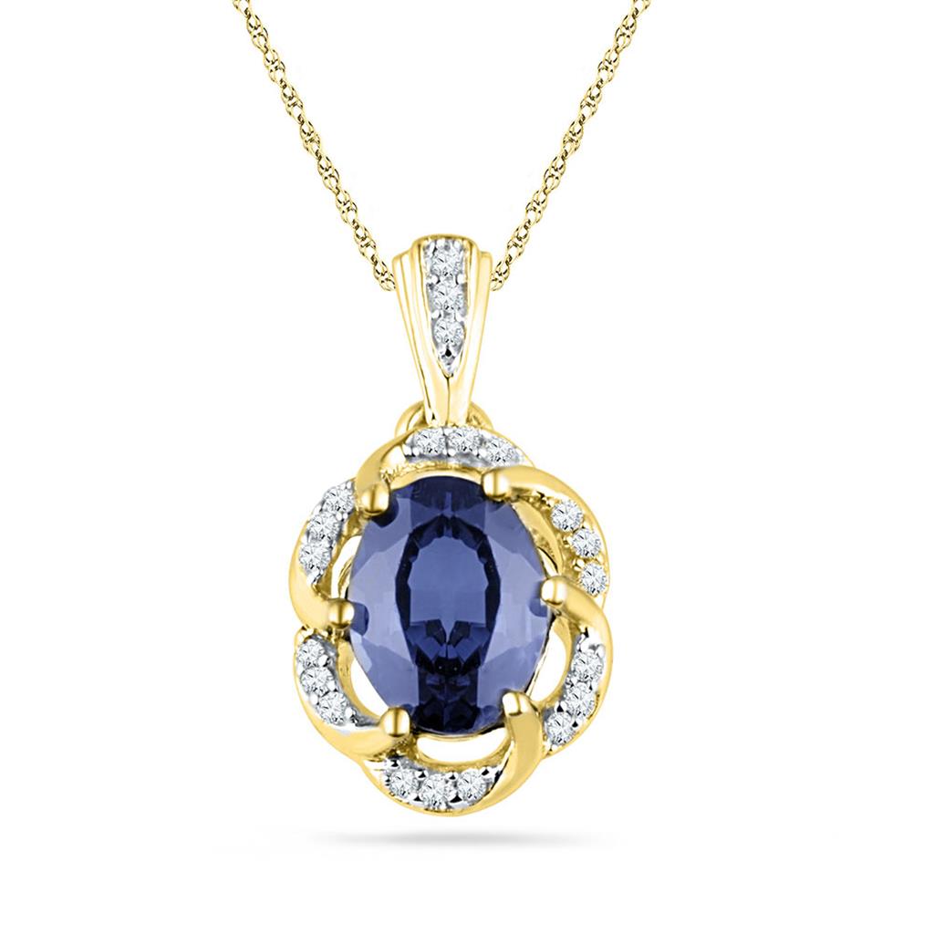 Image of ID 1 10k Yellow Gold Created Blue Sapphire Solitaire Diamond Pendant 1-3/4 Cttw