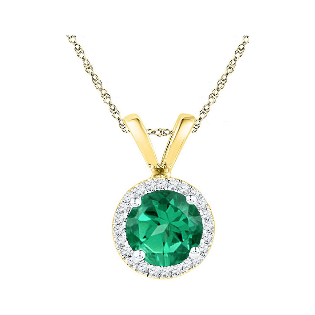 Image of ID 1 10k Yellow Gold Created Emerald Solitaire Diamond Halo Pendant 7/8 Cttw
