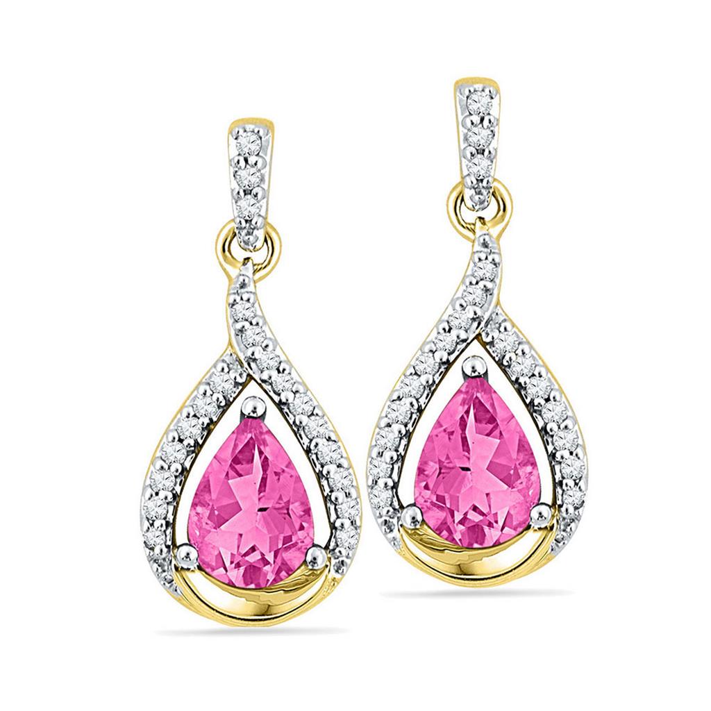 Image of ID 1 10k Yellow Gold Created Pink Sapphire Dangle Earrings 3-1/5 Cttw
