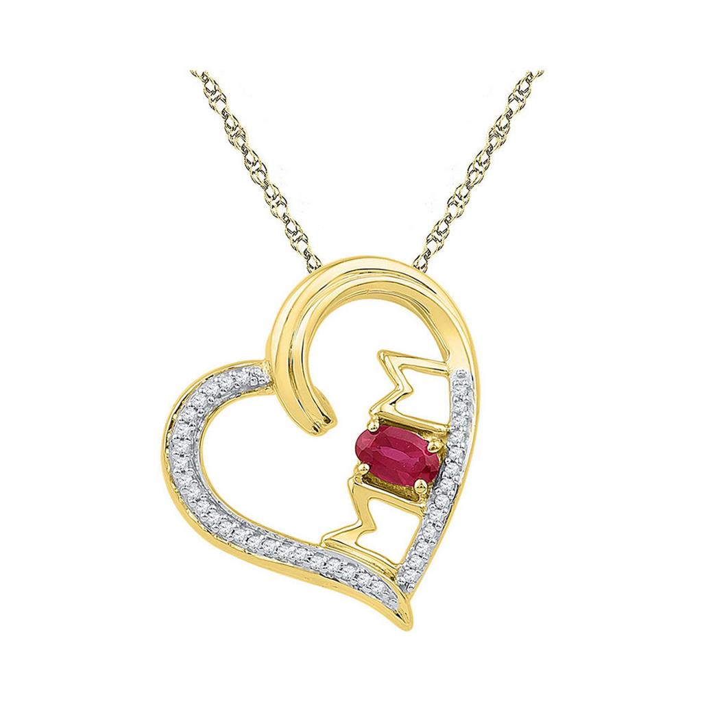 Image of ID 1 10k Yellow Gold Created Ruby Diamond Heart Mom Mother Love Pendant 5/8 Cttw