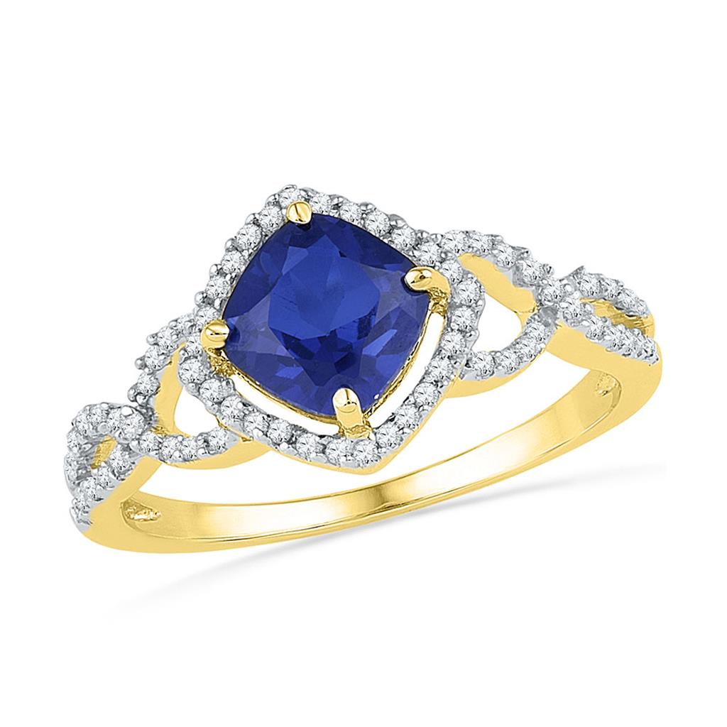 Image of ID 1 10k Yellow Gold Cushion Created Blue Sapphire Solitaire Ring 1 Cttw