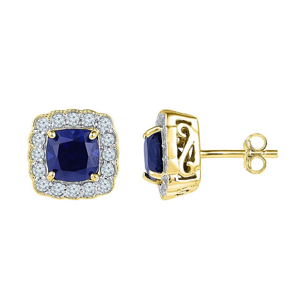 Image of ID 1 10k Yellow Gold Cushion Created Blue Sapphire Stud Earrings 3-1/3 Cttw