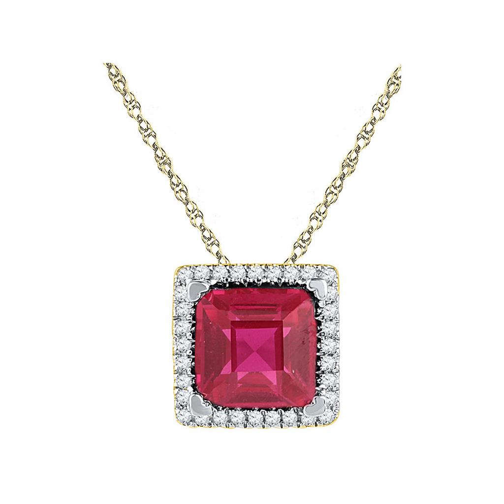 Image of ID 1 10k Yellow Gold Cushion Created Ruby Solitaire Diamond Pendant 1-7/8 Cttw