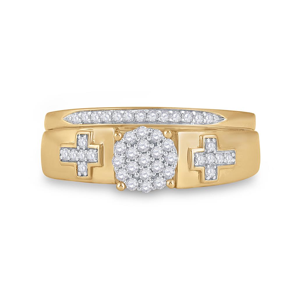 Image of ID 1 10k Yellow Gold Diamond Cluster Cross Bridal Wedding Ring Set 1/4 Cttw