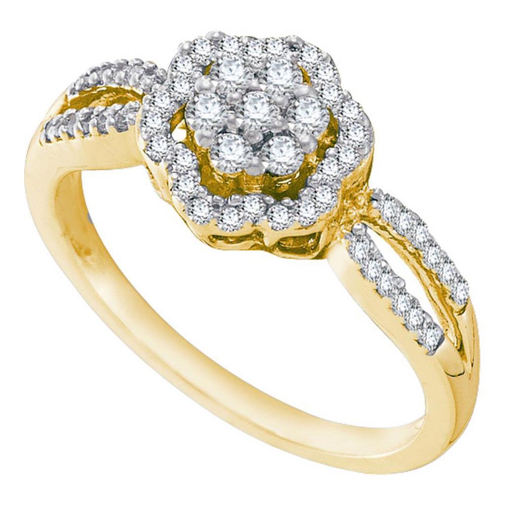 Image of ID 1 10k Yellow Gold Diamond Cluster Split-shank Halo Right-hand Cocktail Ring