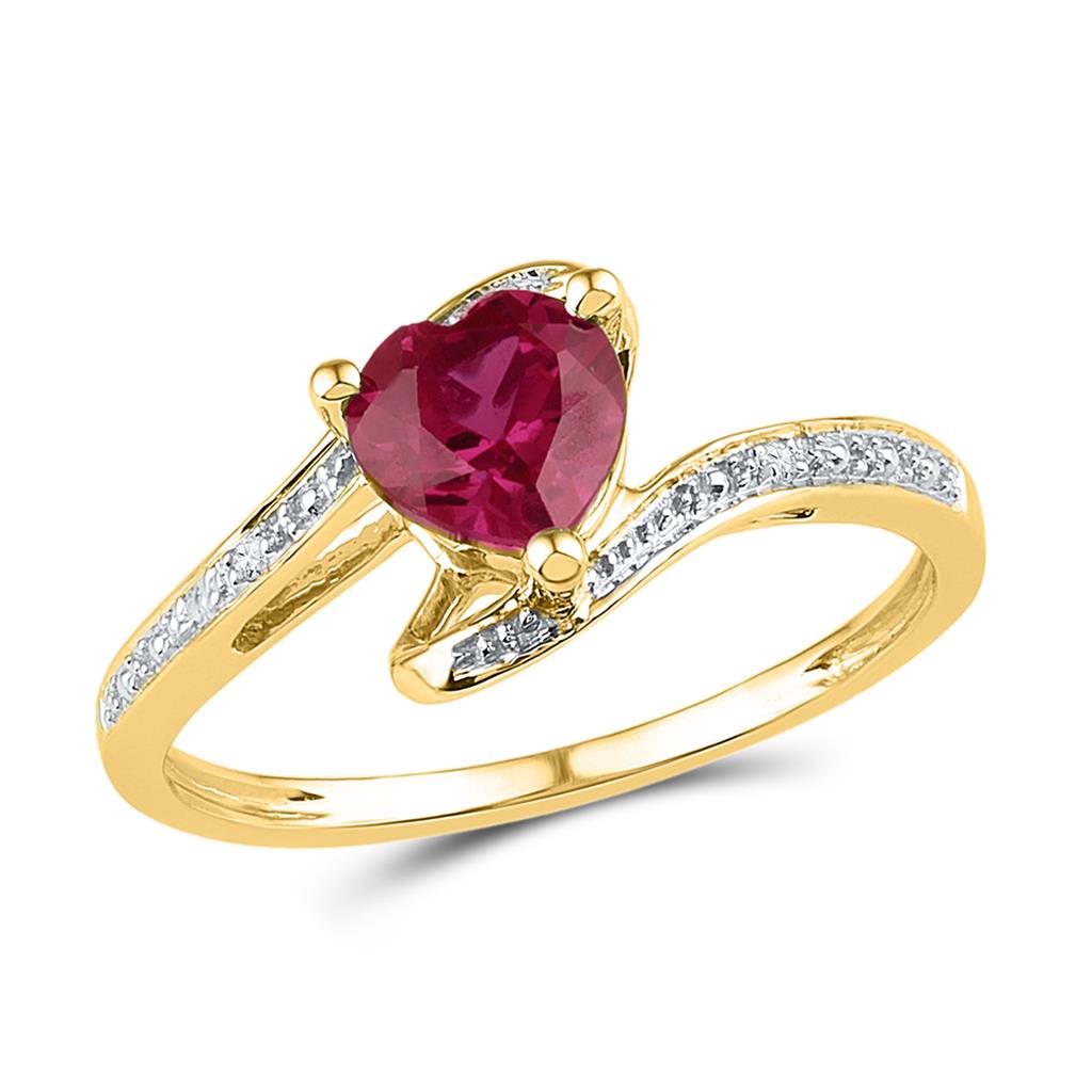 Image of ID 1 10k Yellow Gold Heart Created Ruby Solitaire Diamond Bypass Ring 1 Cttw