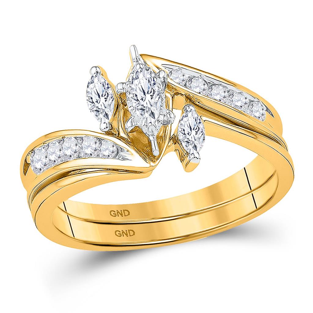 Image of ID 1 10k Yellow Gold Marquise Diamond 3-Stone Bridal Wedding Ring Set 1/2 Cttw