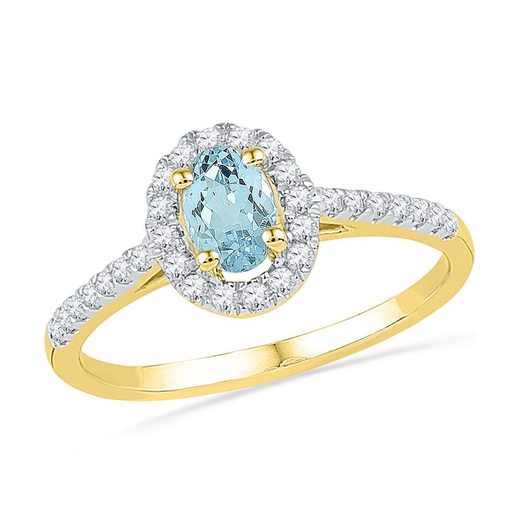 Image of ID 1 10k Yellow Gold Oval Created Aquamarine Solitaire Diamond Ring 1/5 Cttw