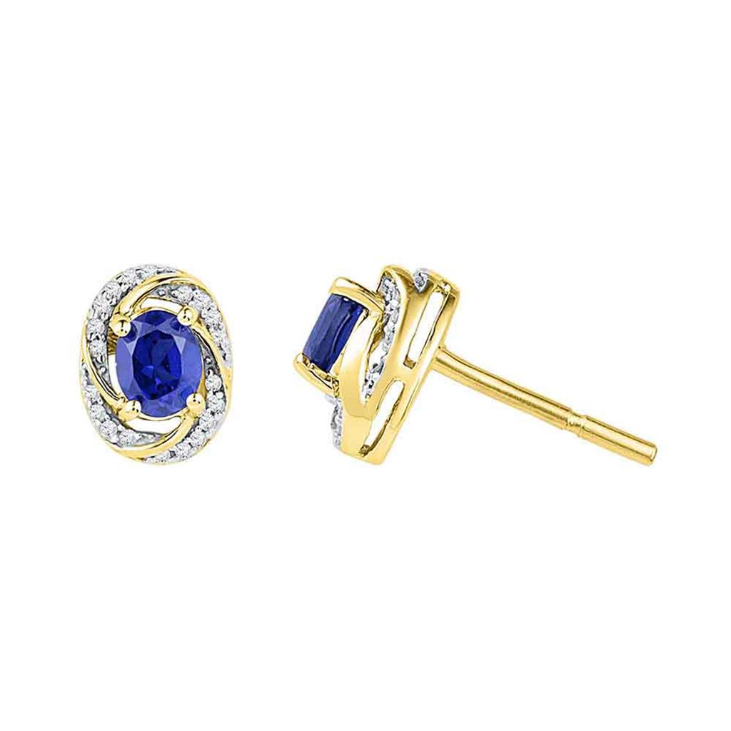 Image of ID 1 10k Yellow Gold Oval Created Blue Sapphire Diamond Stud Earrings 1/8 Cttw