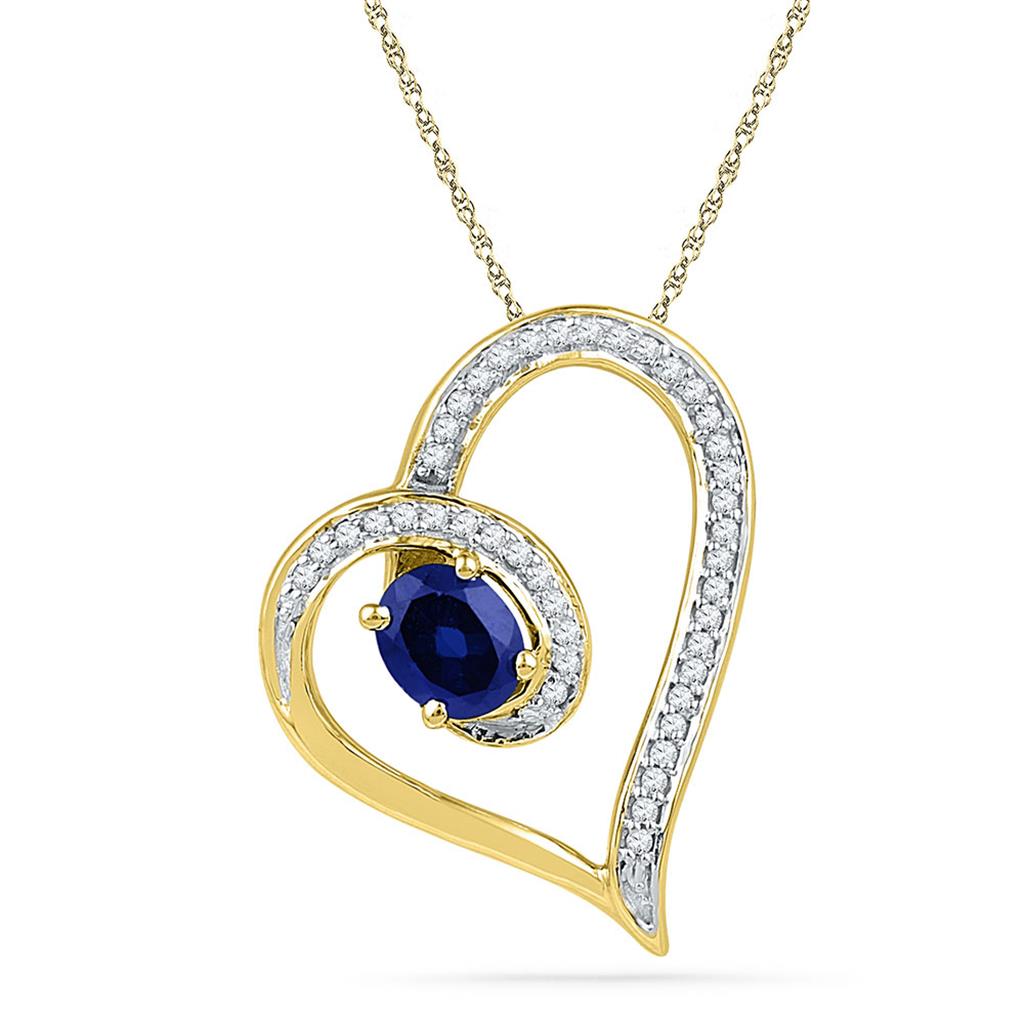Image of ID 1 10k Yellow Gold Oval Created Blue Sapphire Heart Outline Pendant 3/4 Cttw