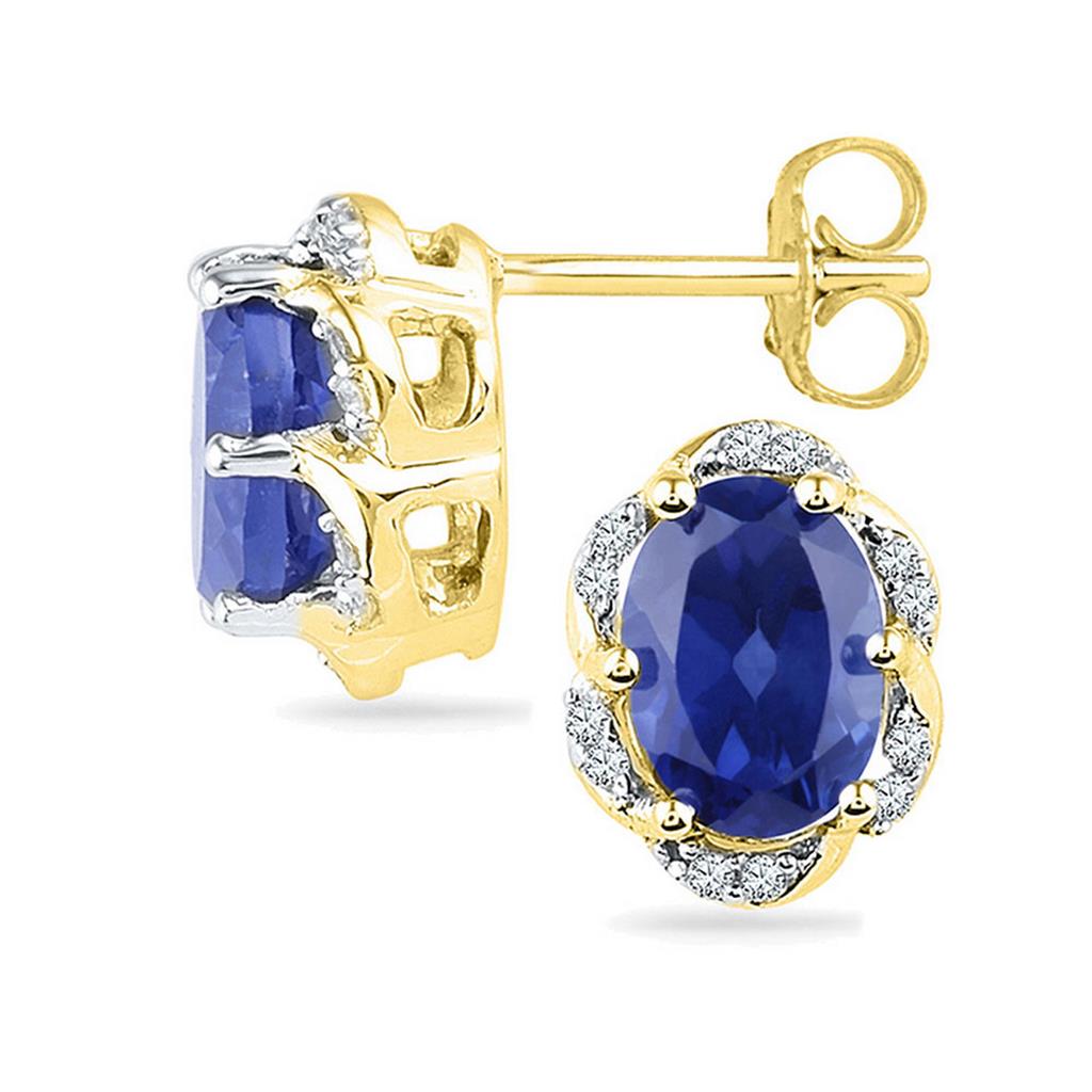 Image of ID 1 10k Yellow Gold Oval Created Blue Sapphire Solitaire Diamond Earrings 2-1/2 Cttw